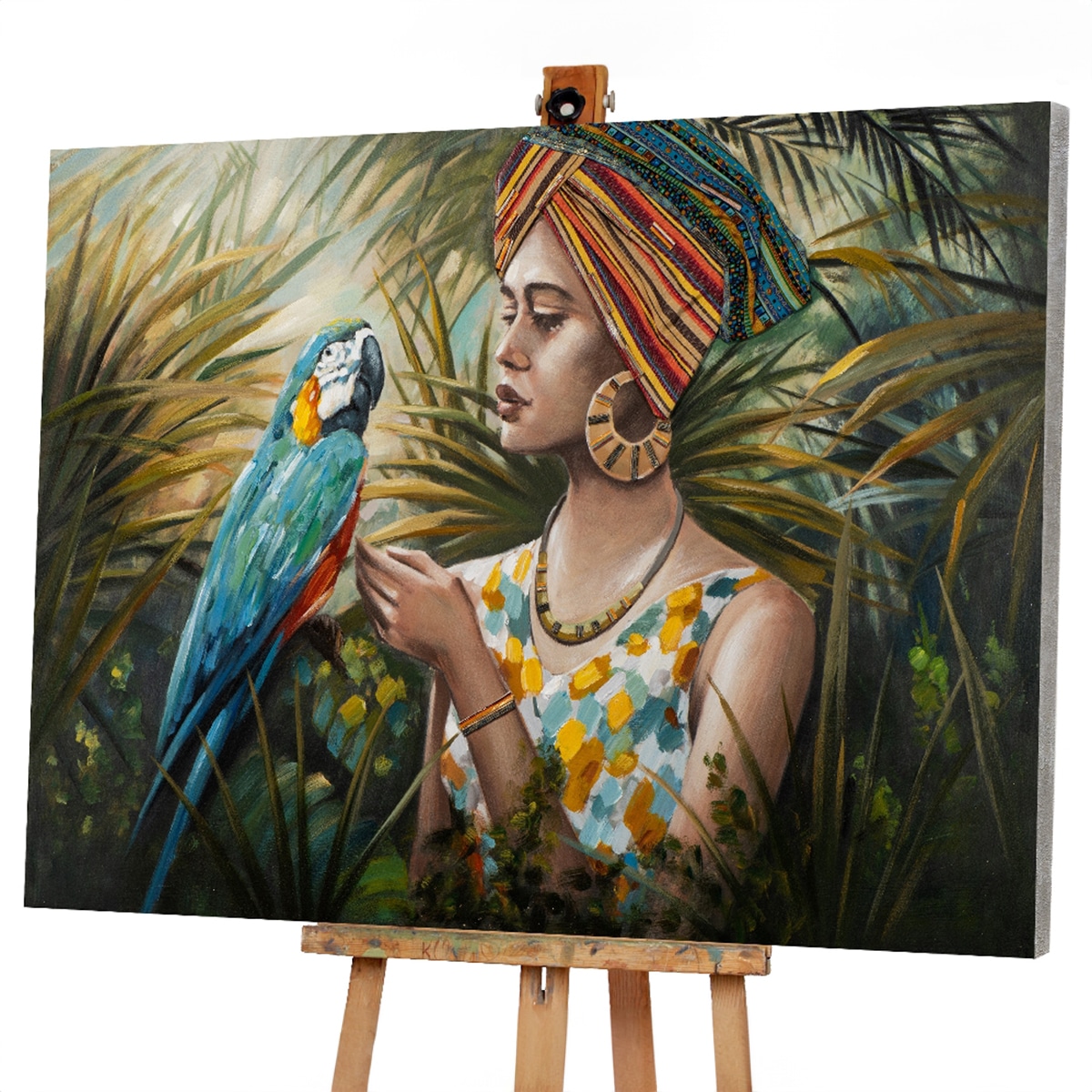 Frau-im-Dschungel-mit-blau-buntem-Papagei